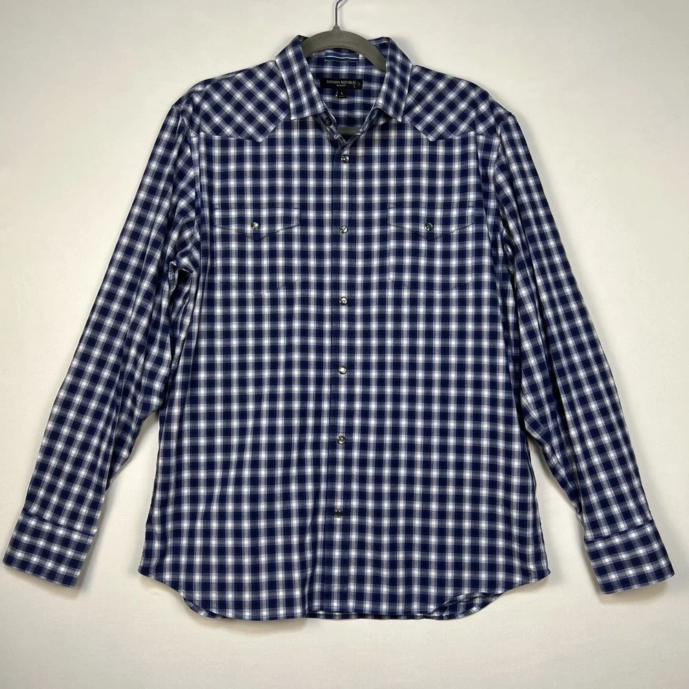 BANANA REPUBLIC Mens Blue Plaid Button Up Shirt L Slim Fit Pearl Buttons Pocket‎